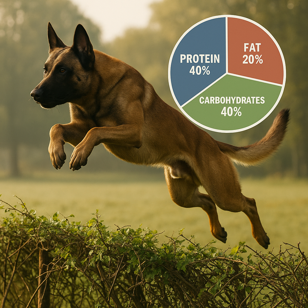 Malinois adulte sautant un obstacle avec un diagramme montrant l'équilibre protéines-lipides-glucides adapté aux chiens de travail
