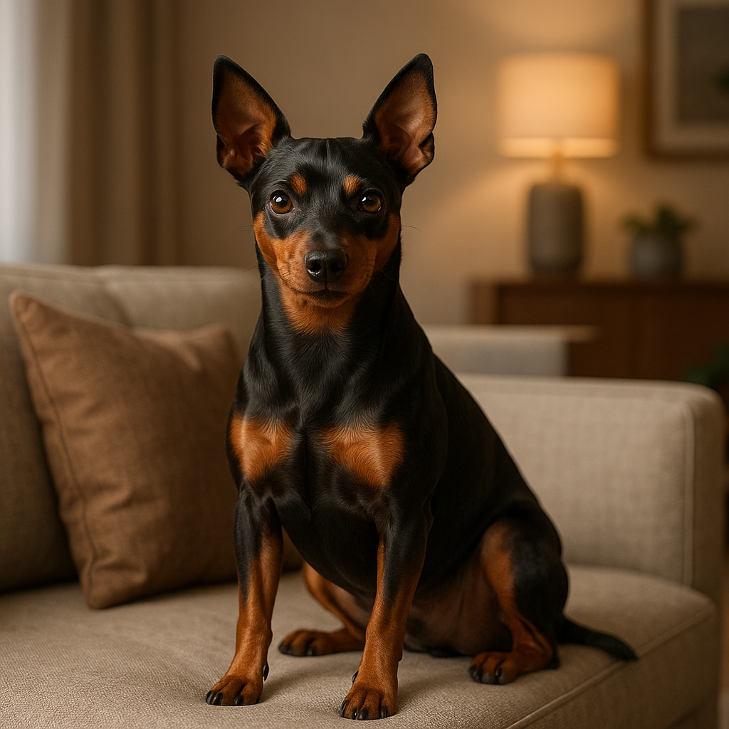 Portrait d’un Miniature Pinscher assis sur un canapé