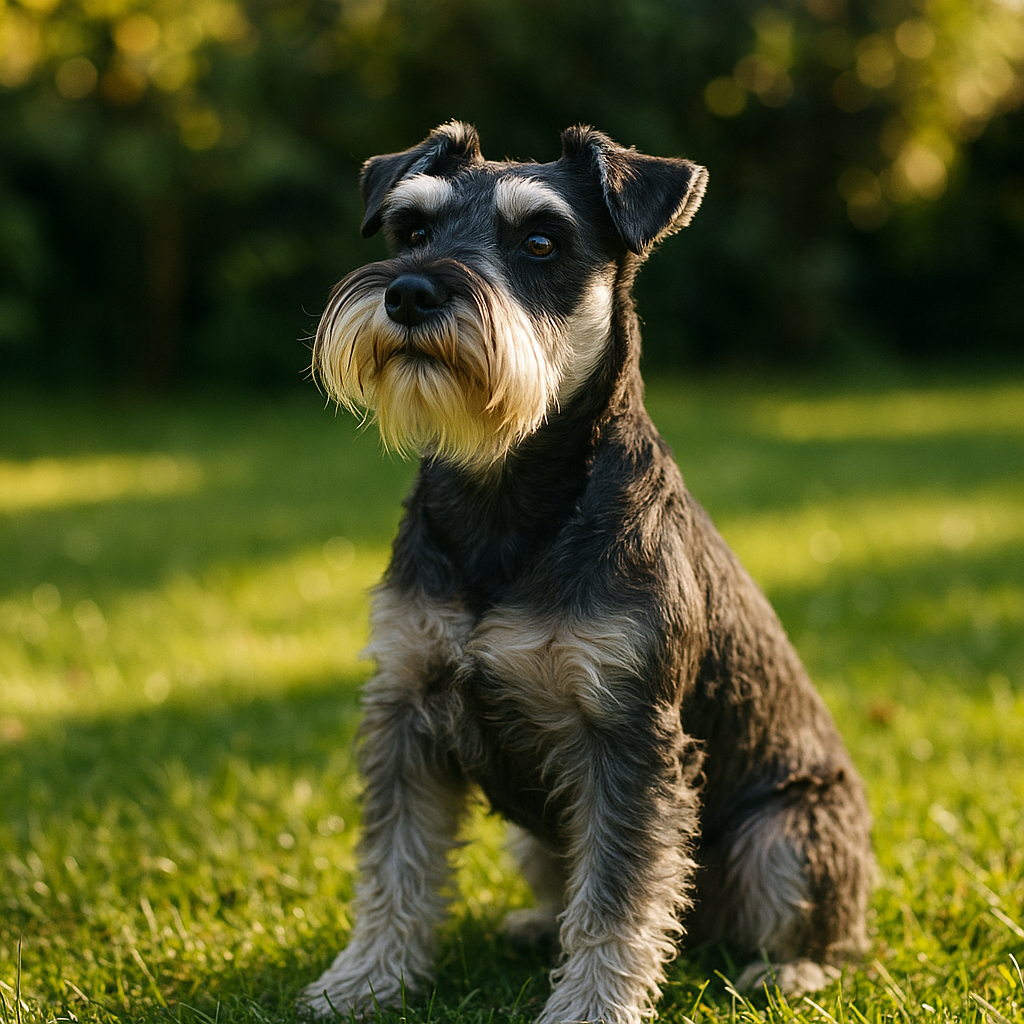 Miniature Schnauzer lors d'une séance d'obéissance en plein air