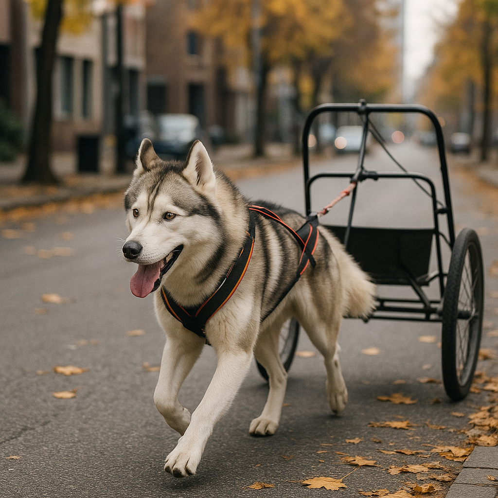 Chien nordique équipé pour un jogging urbain hors neige
