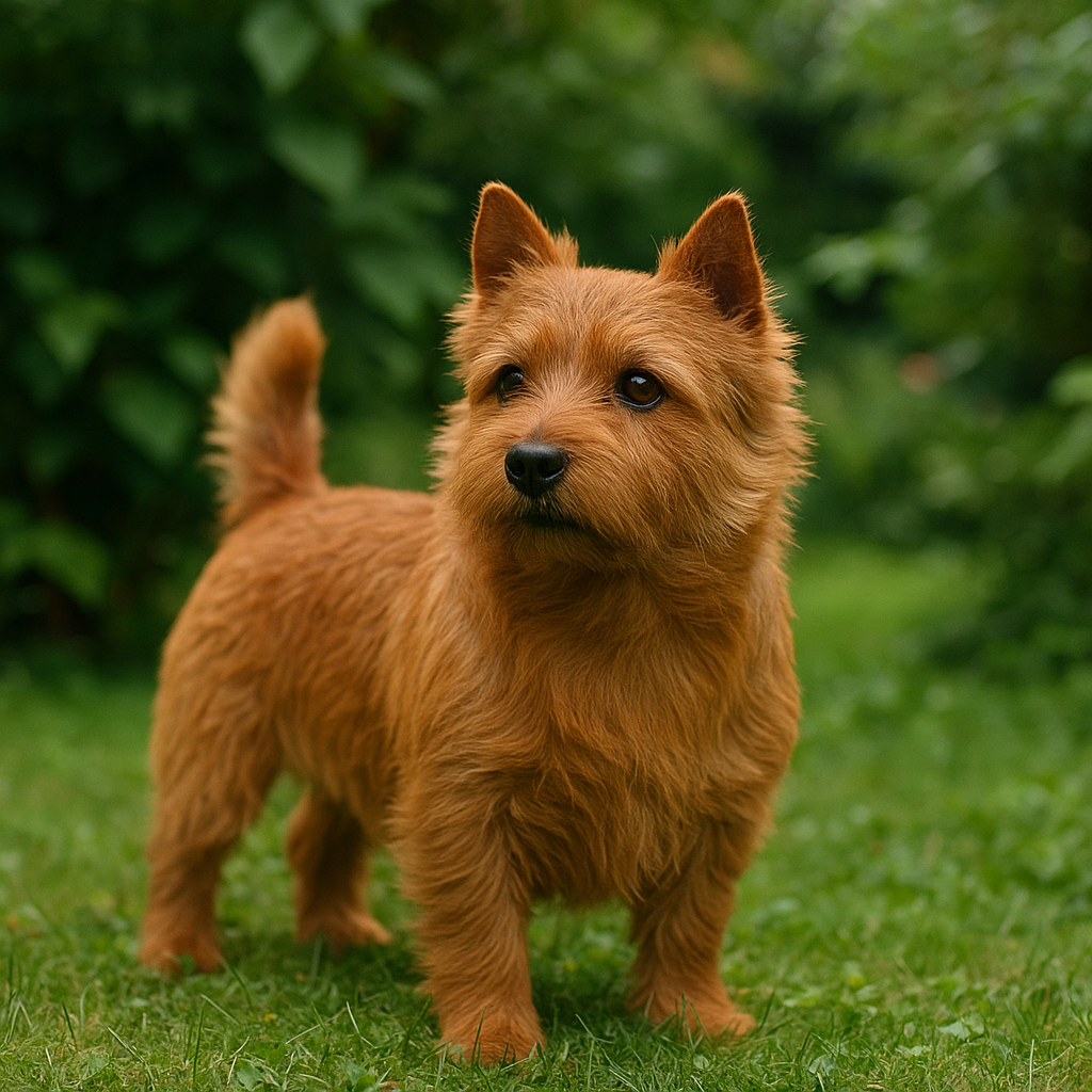 Norwich Terrier rouquin dans un jardin