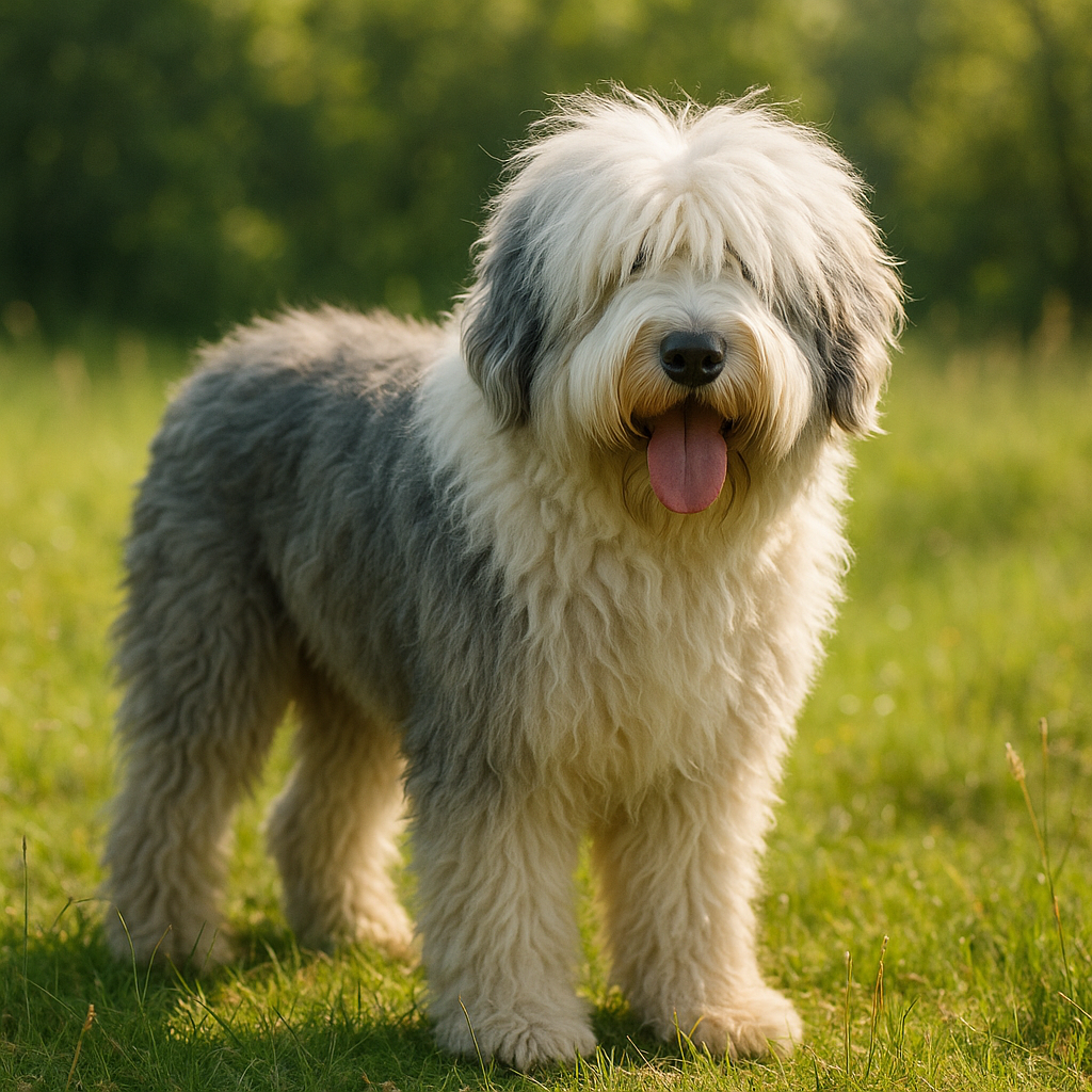 Old English Sheepdog dans un champ verdoyant montrant son pelage frangé