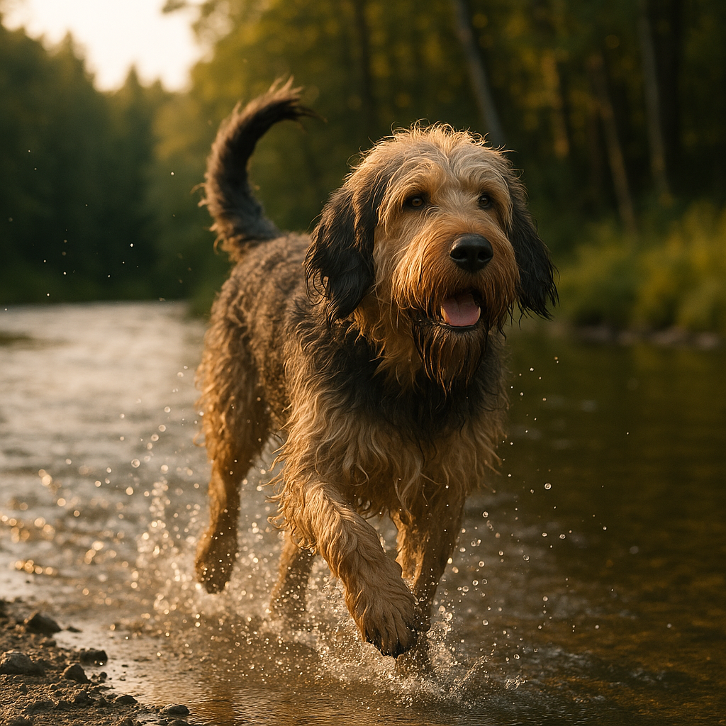 Otterhound barbu courant le long d’une rivière, éclaboussures visibles
