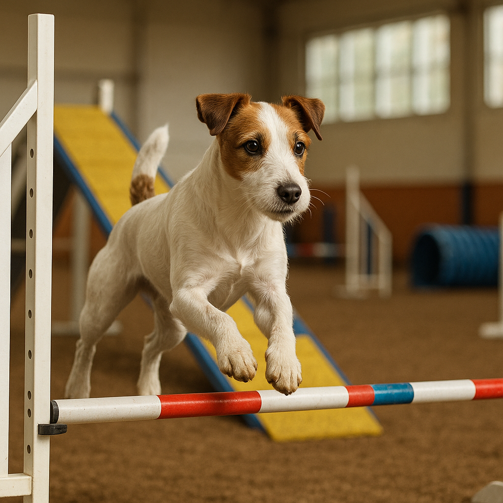 Parson Russell Terrier franchissant un obstacle en centre d’entraînement