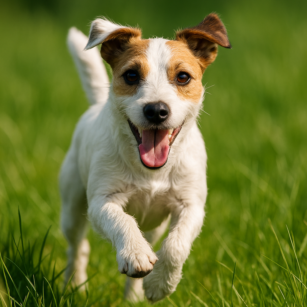 Parson Russell Terrier courant dans un champ verdoyant