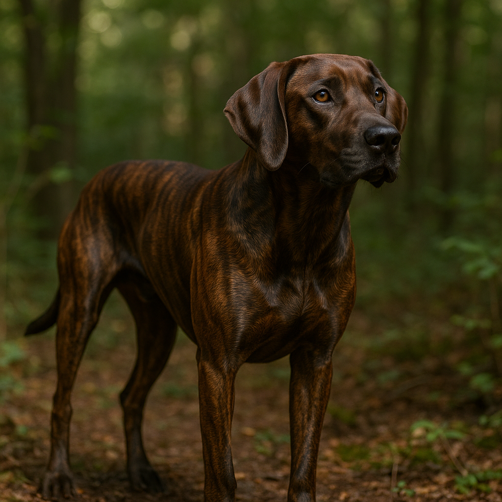 Portrait d’un Plott Hound debout dans un sous-bois