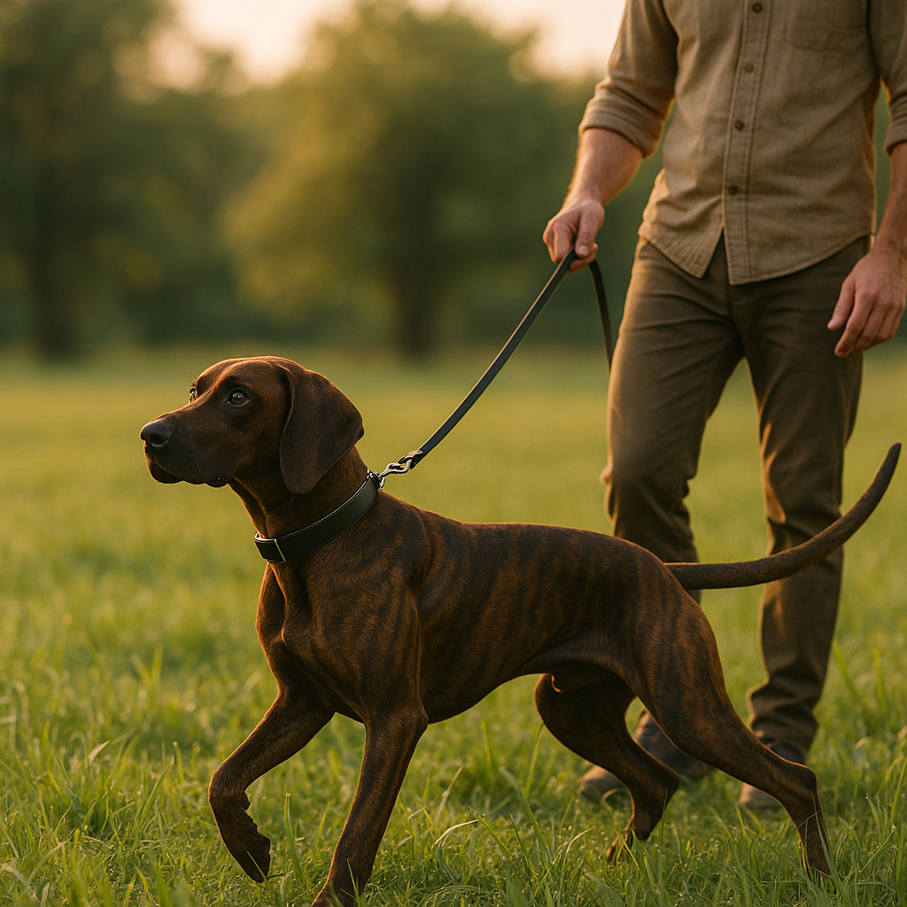 Entraînement d’un Plott Hound dans un champ, guidé par un maître