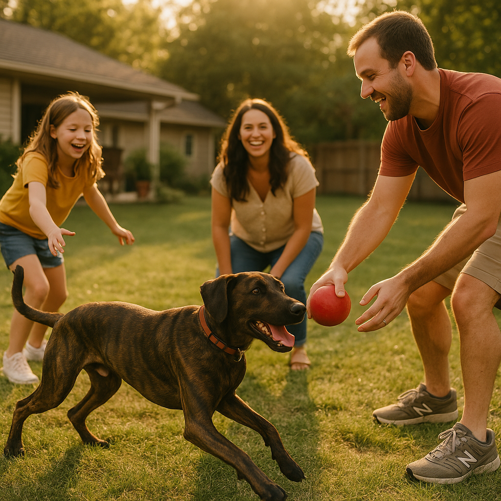 Plott Hound joyeux jouant avec une famille dans un jardin