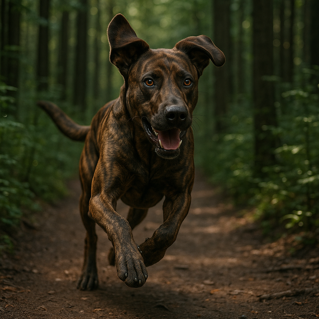 Plott Hound courant à travers un sentier forestier