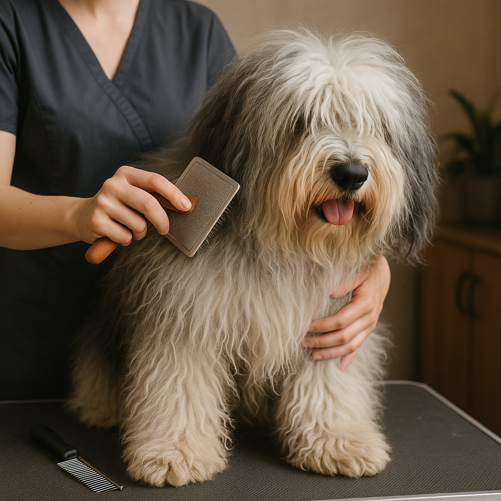Grooming d’un Polish Lowland Sheepdog avec une brosse dans un salon
