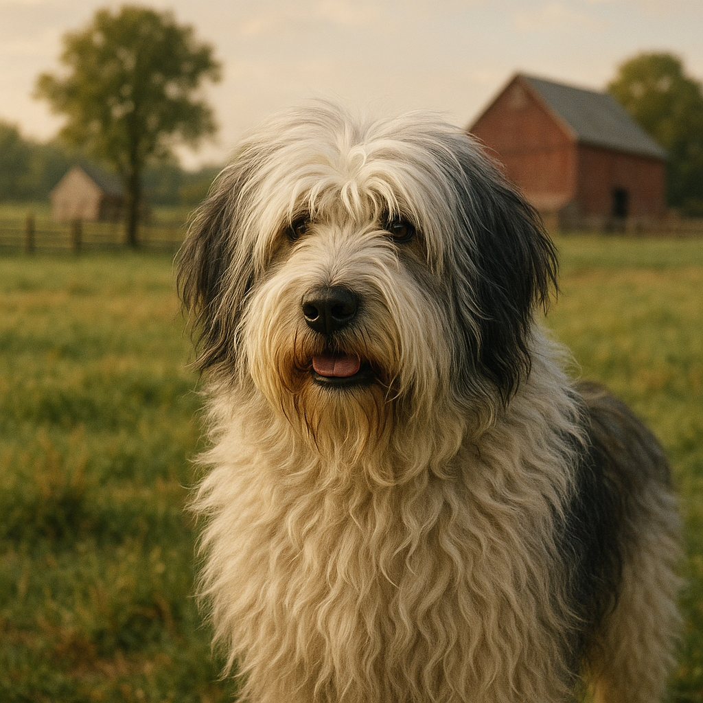Portrait d’un Polish Lowland Sheepdog debout dans un champ rural