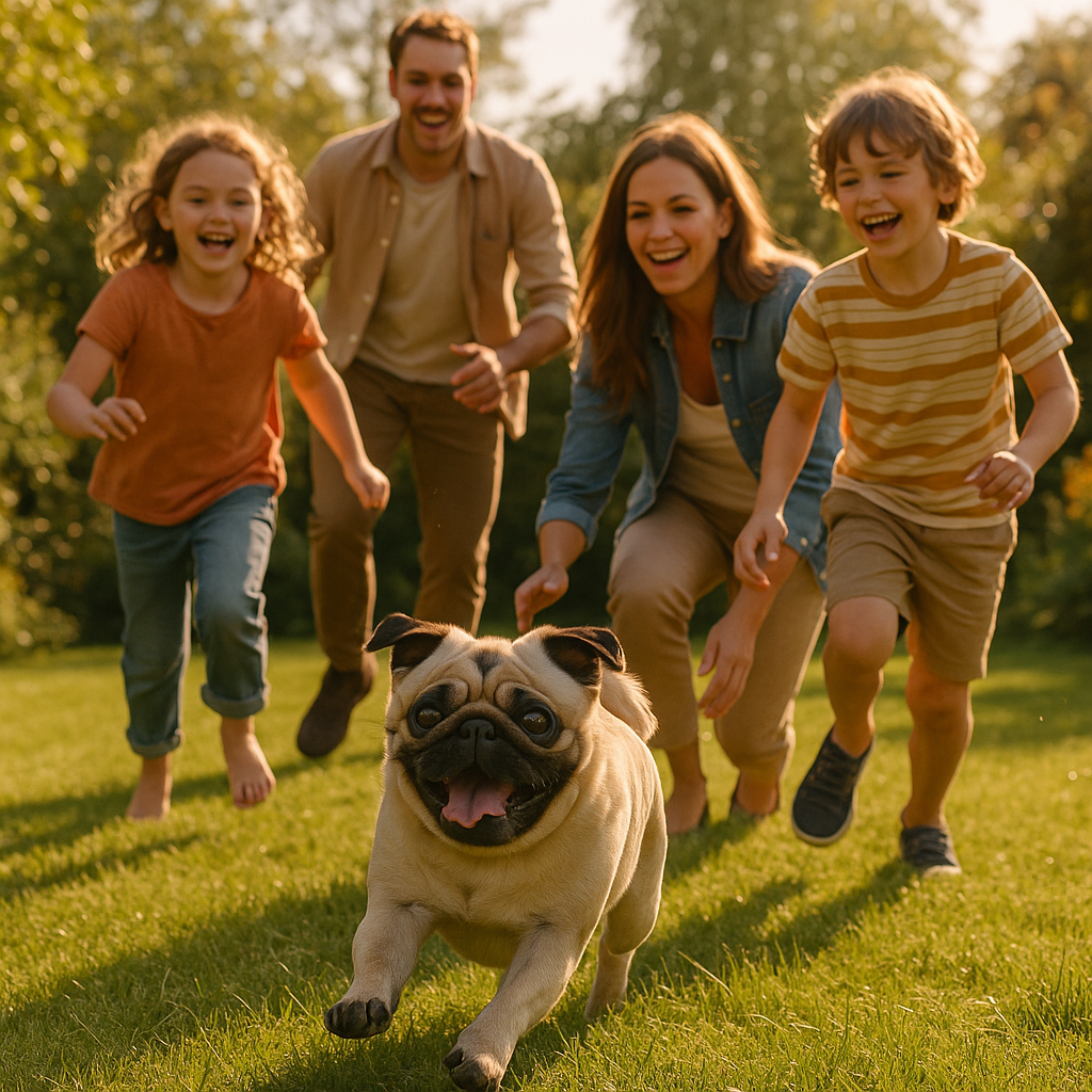 Carlin jouant avec une famille dans le jardin