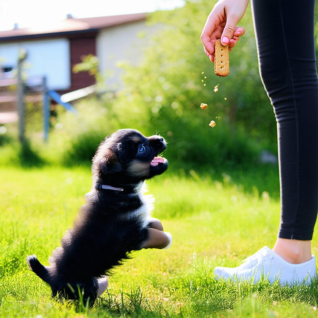Propriétaire offrant une friandise à son chiot après une sortie