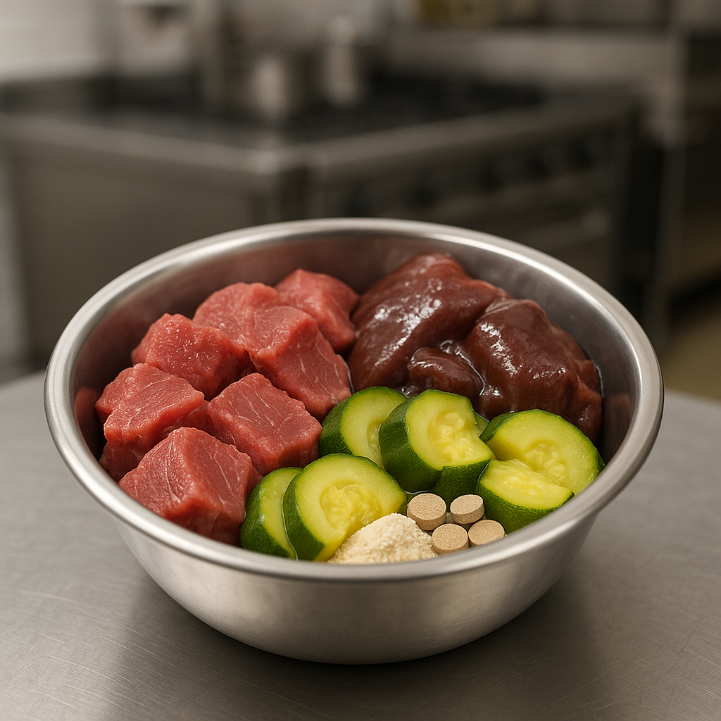 Bol de ration ménagère équilibrée pour Berger Belge Malinois avec viandes crues, légumes et compléments