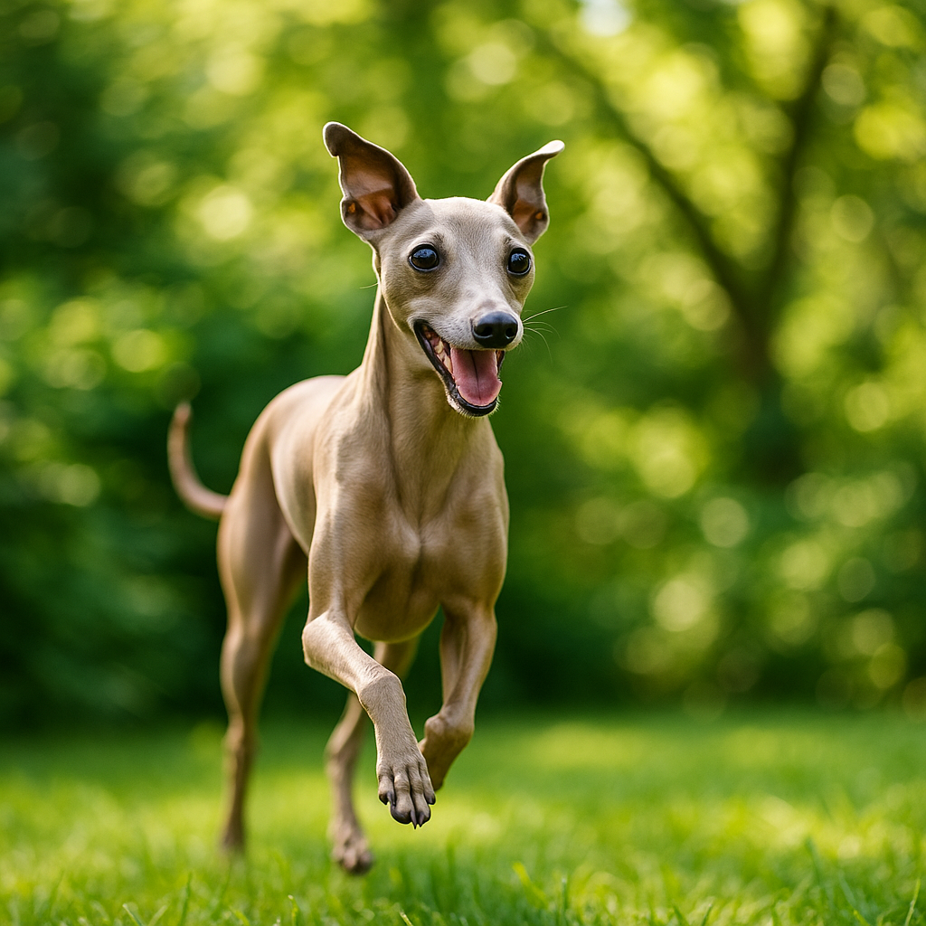 Italian Greyhound courant dans un jardin ensoleillé
