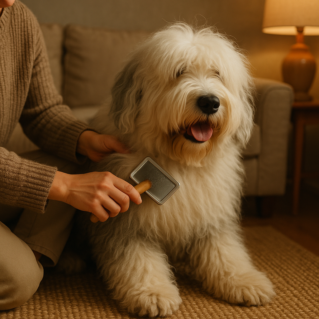 Séance de brossage d’un Old English Sheepdog dans un salon