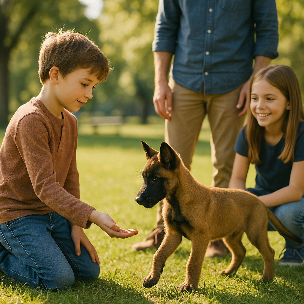 Socialisation positive d'un jeune Malinois Chiot Malinois découvrant des enfants sous la supervision d'un adulte dans un parc