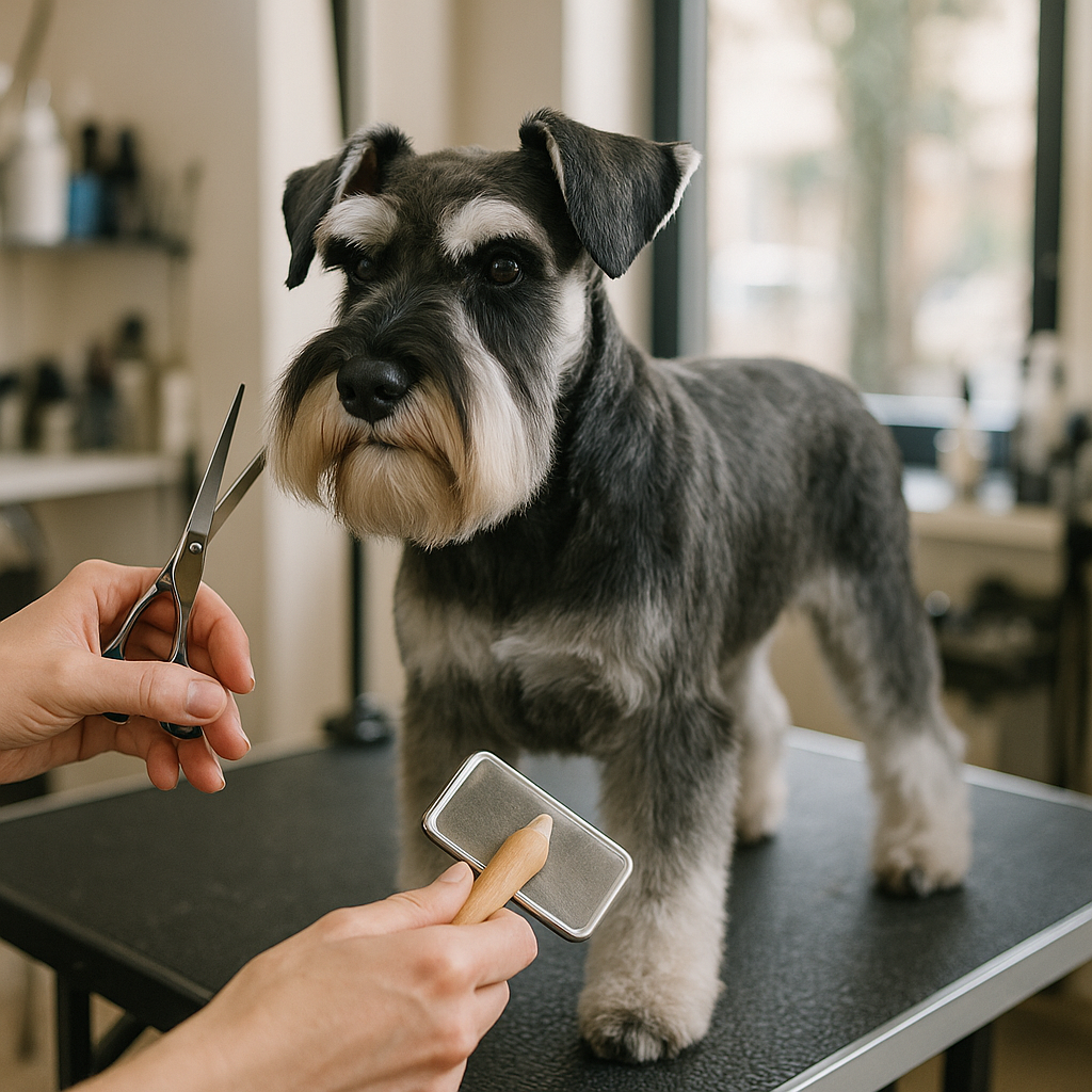 Miniature Schnauzer pendant une séance de toilettage en salon