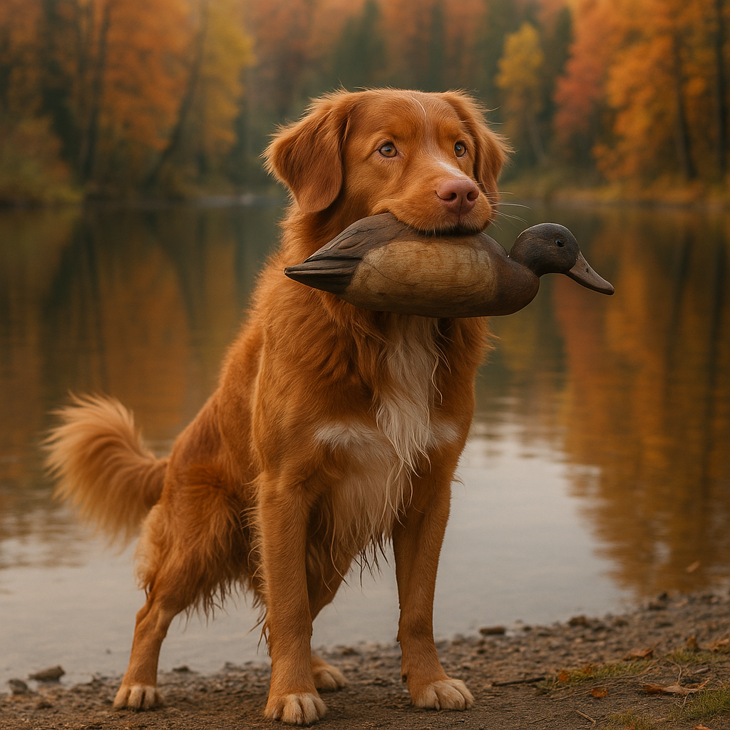 Nova Scotia Duck Tolling Retriever au bord d’un lac en train de rapporter un leurre