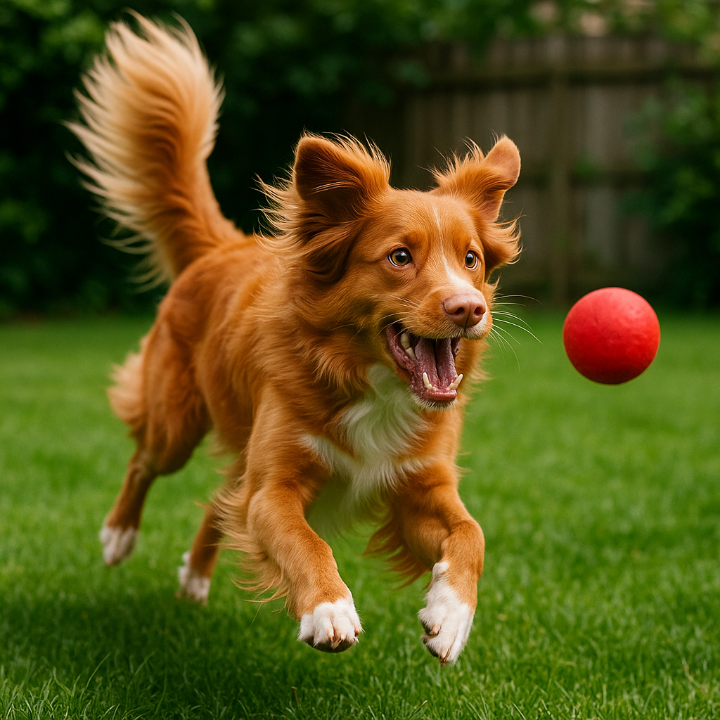 Toller jouant à rapporter une balle dans un jardin