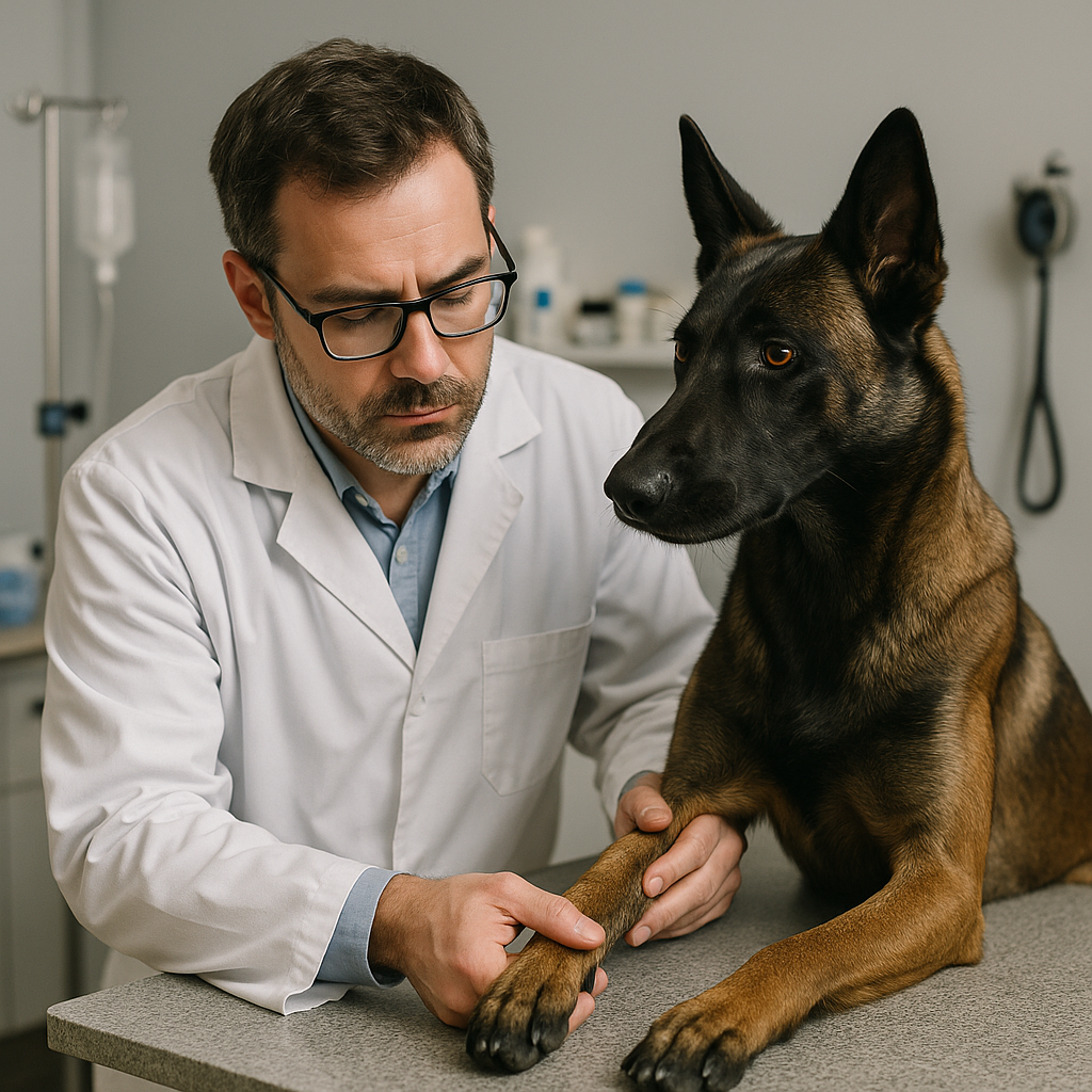 Vétérinaire examinant les articulations d'un Berger Belge Malinois