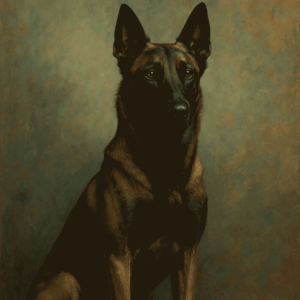 Portrait sophistiqué d’un Berger Belge Malinois adulte, debout en position noble, sur un fond artistique texturé inspiré d’un tableau contemporain.