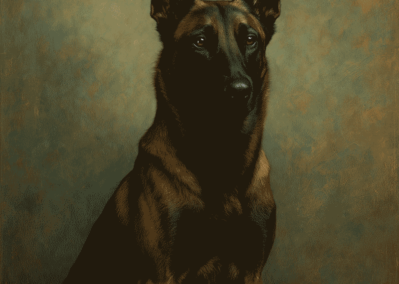 Portrait sophistiqué d’un Berger Belge Malinois adulte, debout en position noble, sur un fond artistique texturé inspiré d’un tableau contemporain.