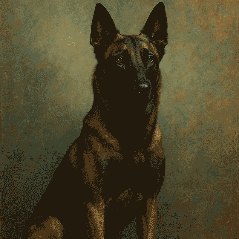 Portrait sophistiqué d’un Berger Belge Malinois adulte, debout en position noble, sur un fond artistique texturé inspiré d’un tableau contemporain.