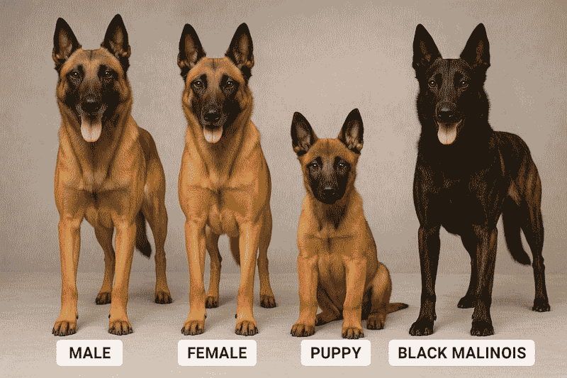 Comparatif morphologique : Malinois adulte mâle/femelle, chiot, Malinois noir/fauve