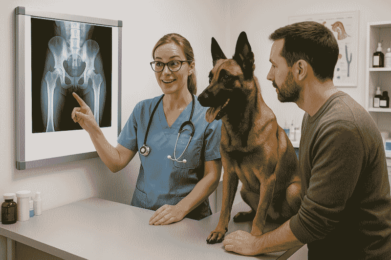 Malinois chez le vétérinaire, radio hanches (santé)