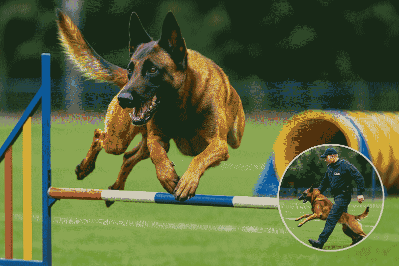 Malinois franchissant un obstacle d’agility + scène police (activités)