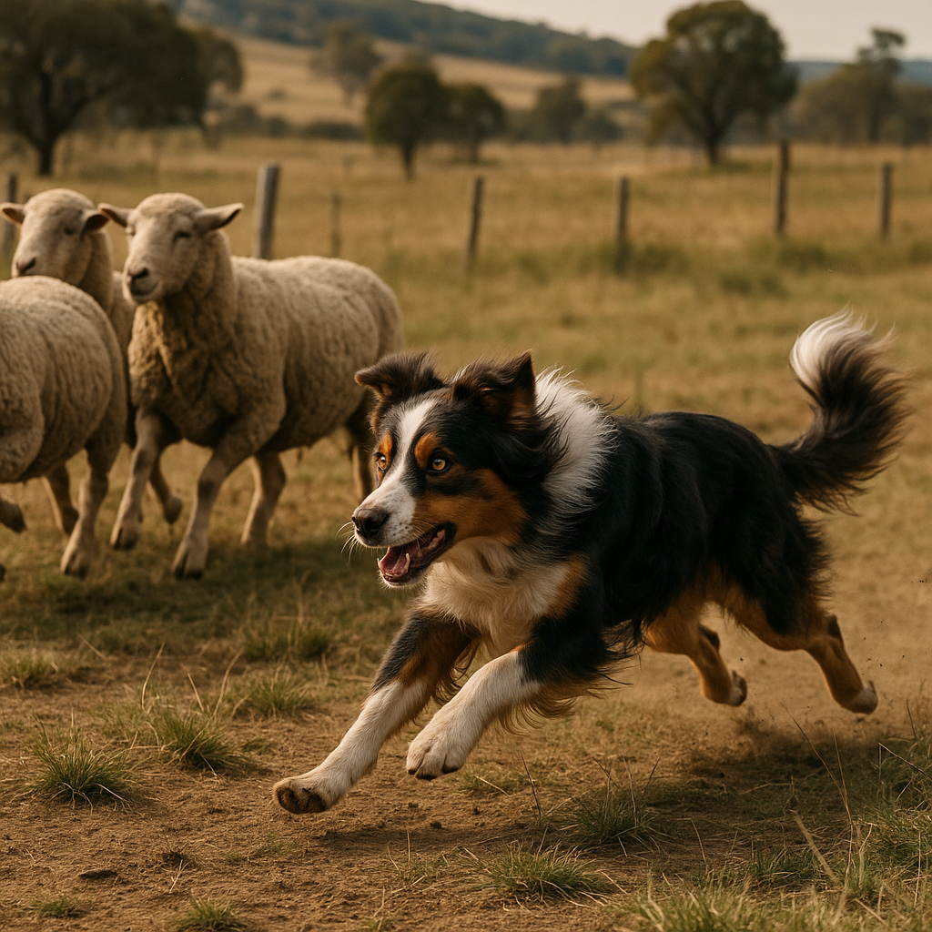 Berger australien en train de guider un troupeau de moutons