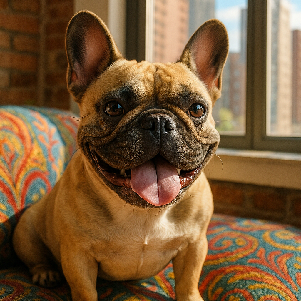 Bouledogue Français assis sur un coussin coloré