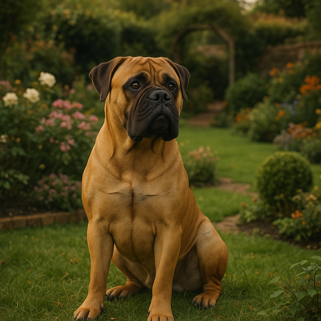 Portrait d’un Bullmastiff assis dans un jardin