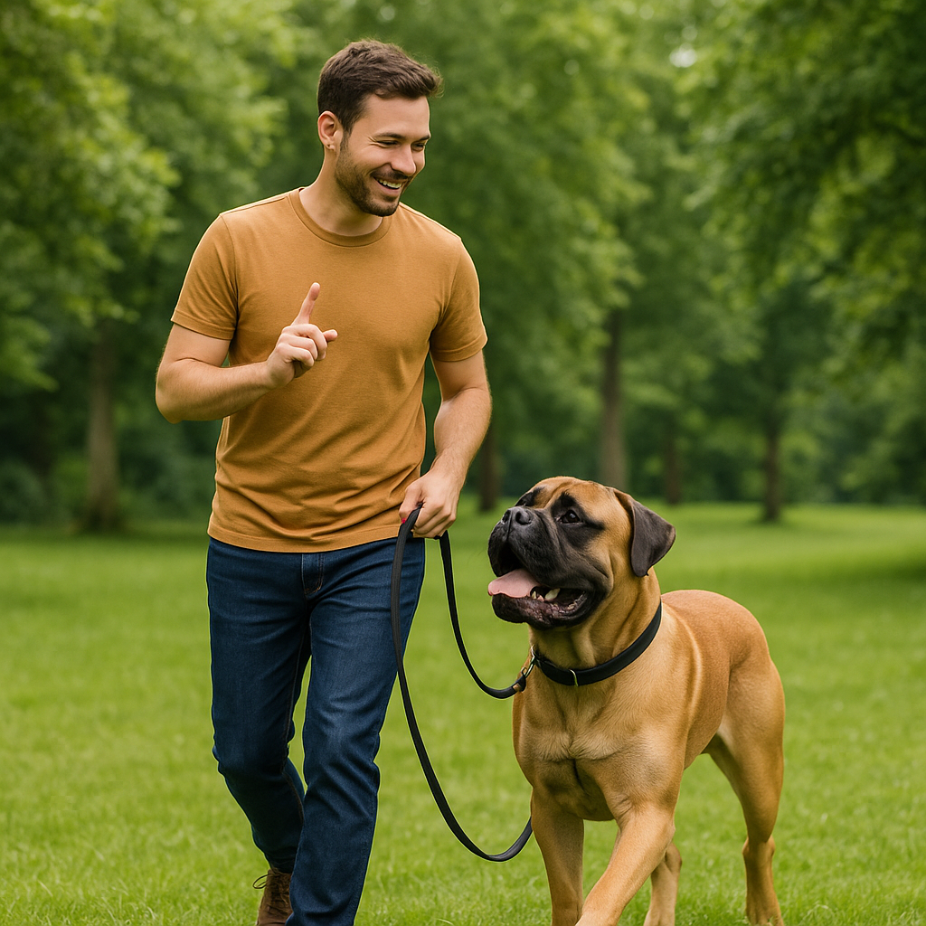 Propriétaire entraînant un Bullmastiff au rappel dans un parc