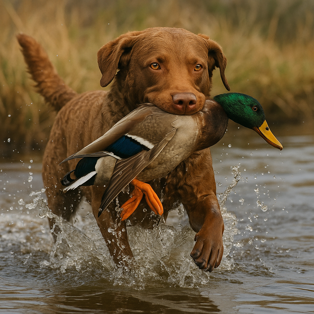 Chesapeake Bay Retriever rapportant un canard dans l’eau