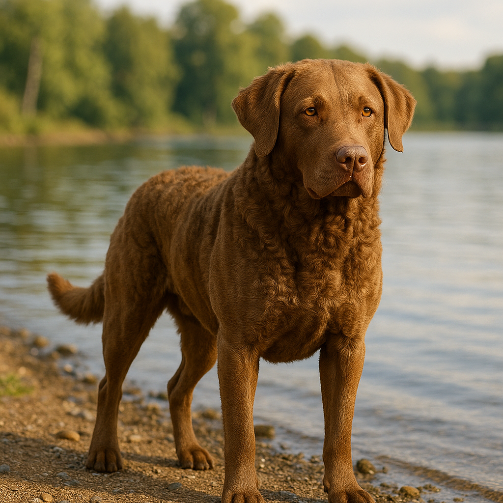 Portrait d’un Chesapeake Bay Retriever debout au bord d’un lac