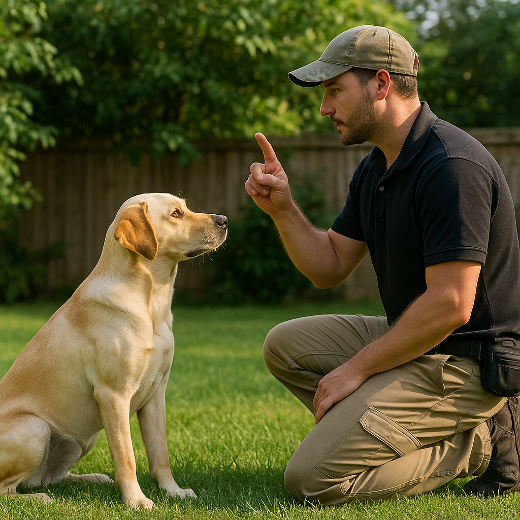 Educateur canin en pleine séance de dressage avec un chien