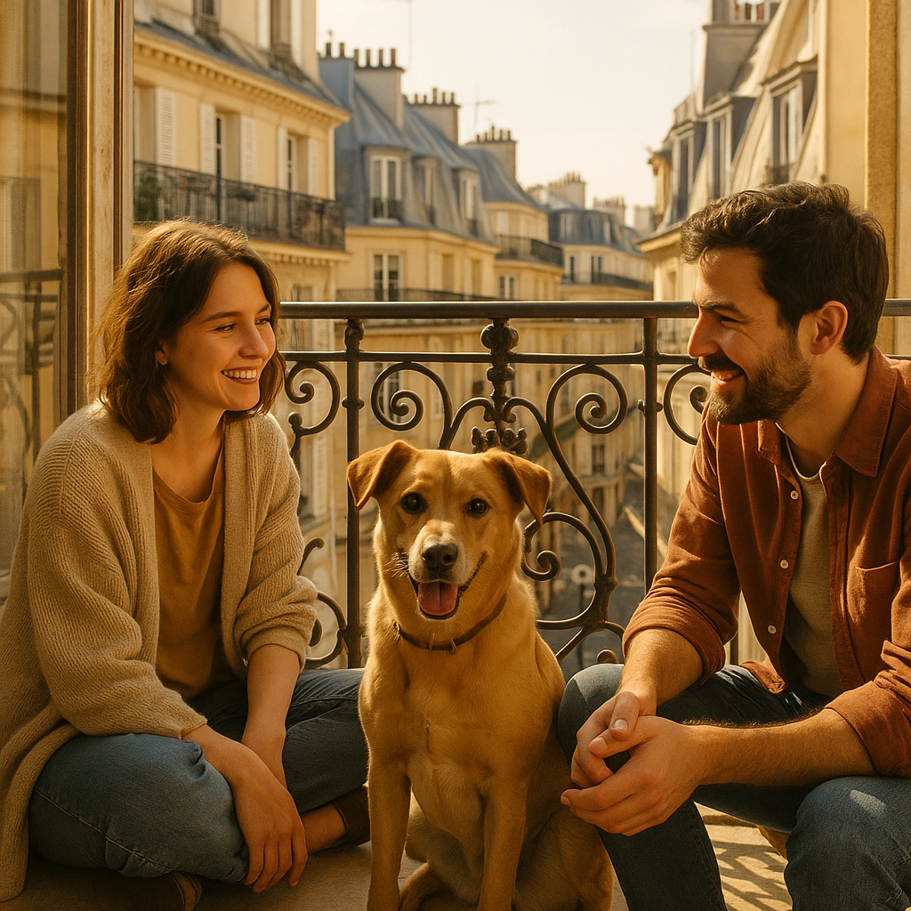 Chien assis sur un balcon parisien avec des amis