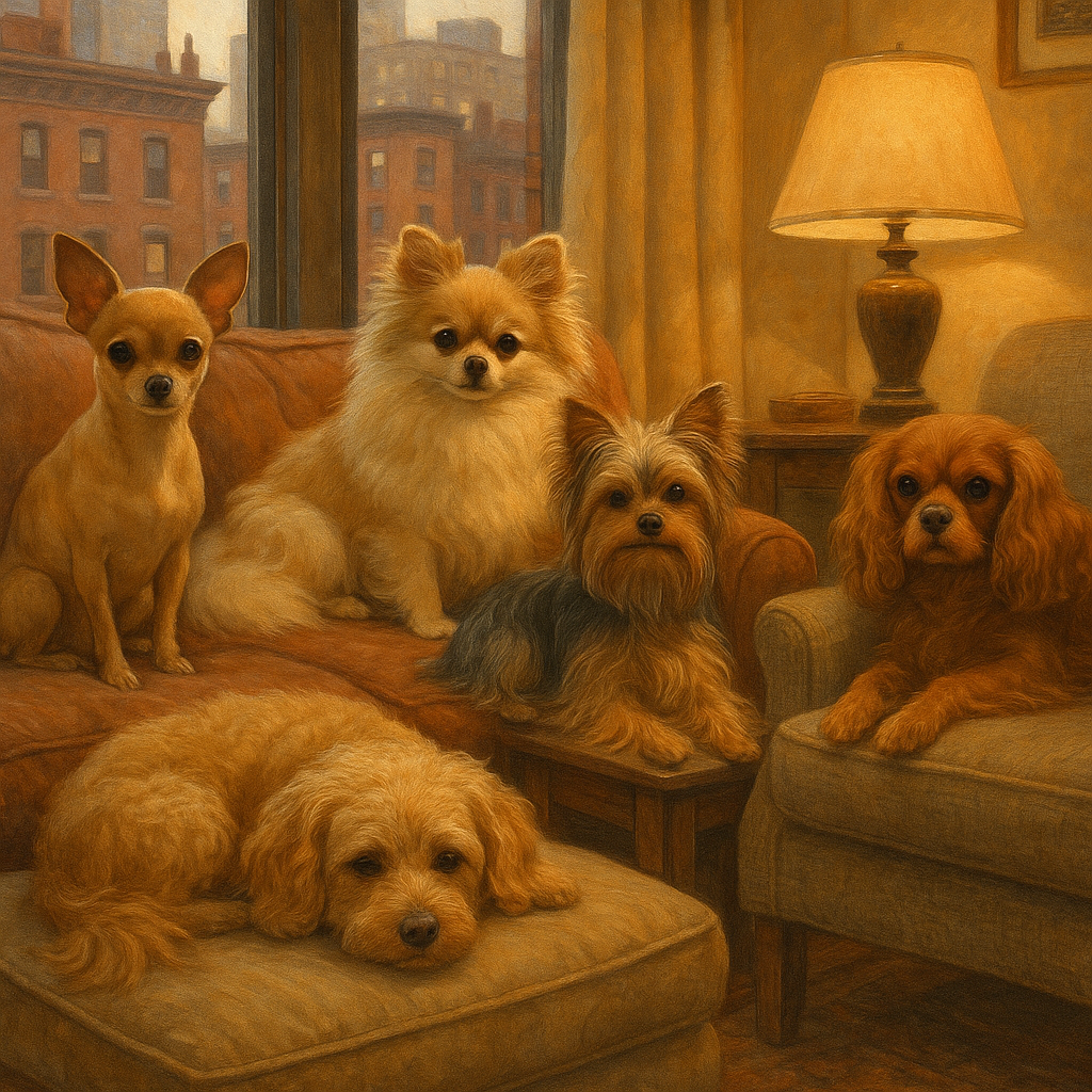 Groupe de petits chiens dans un appartement citadin