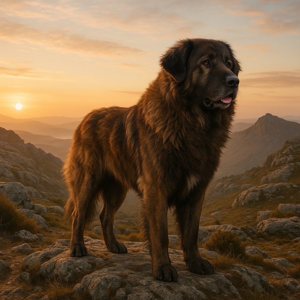 Estrela Mountain Dog debout sur un paysage montagneux portugais