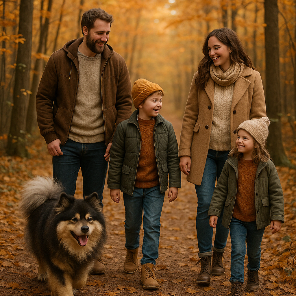 Famille se promenant avec un Finnish Lapphund dans la nature