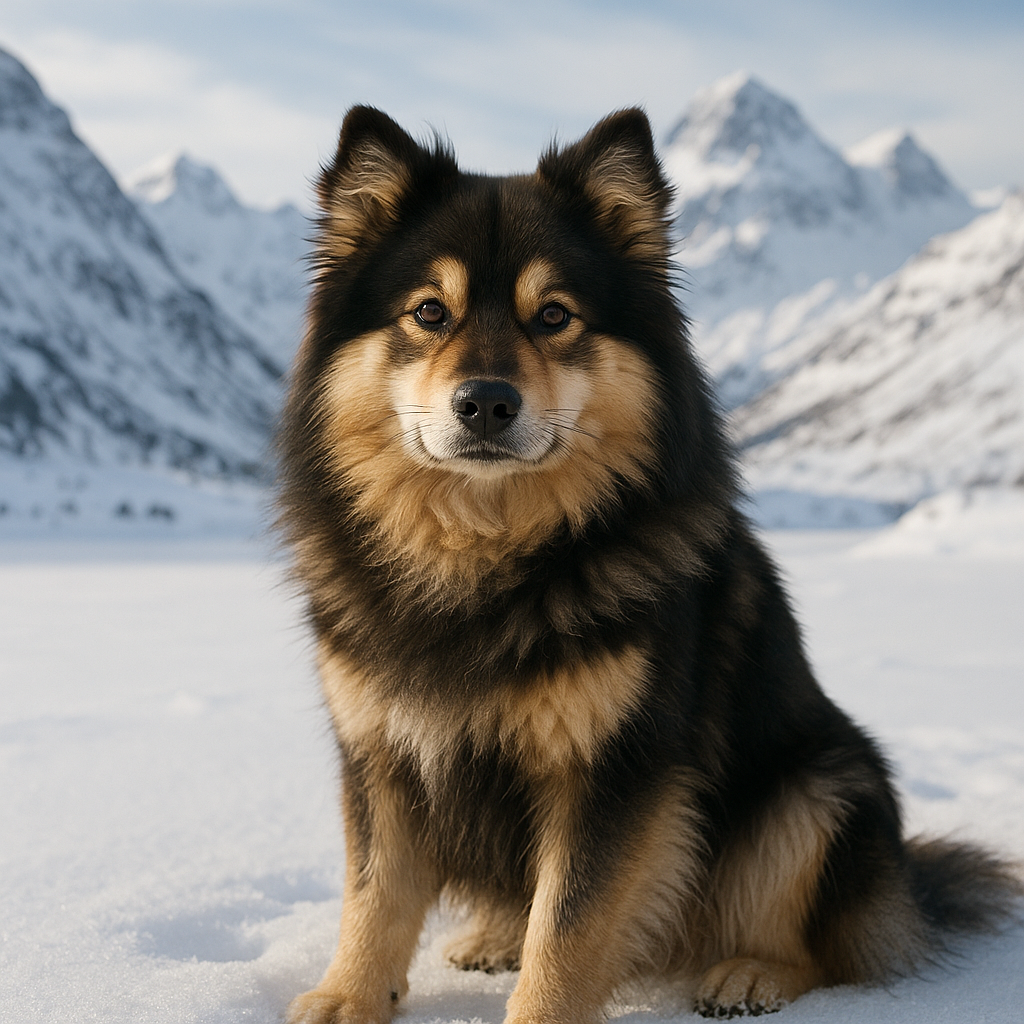 Portrait d'un Finnish Lapphund sur fond de neige