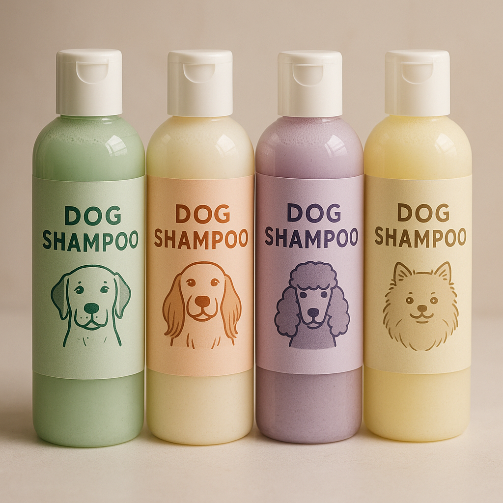 Quatre flacons de shampoing pour chiens