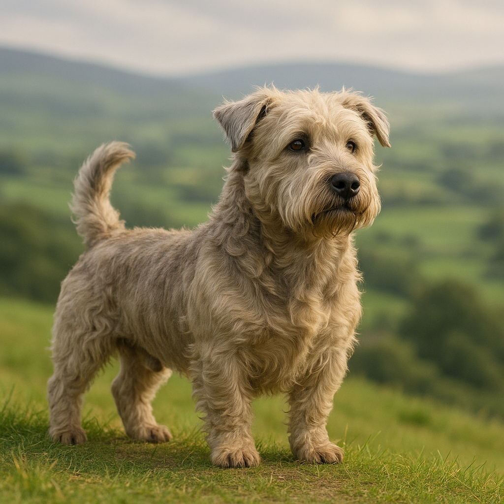 Profil d’un Glen of Imaal Terrier debout en extérieur