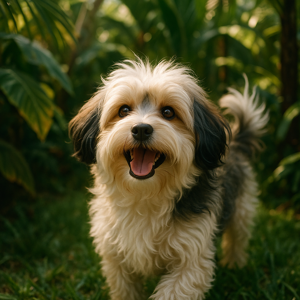Havanese joyeux gambadant dans un jardin luxuriant