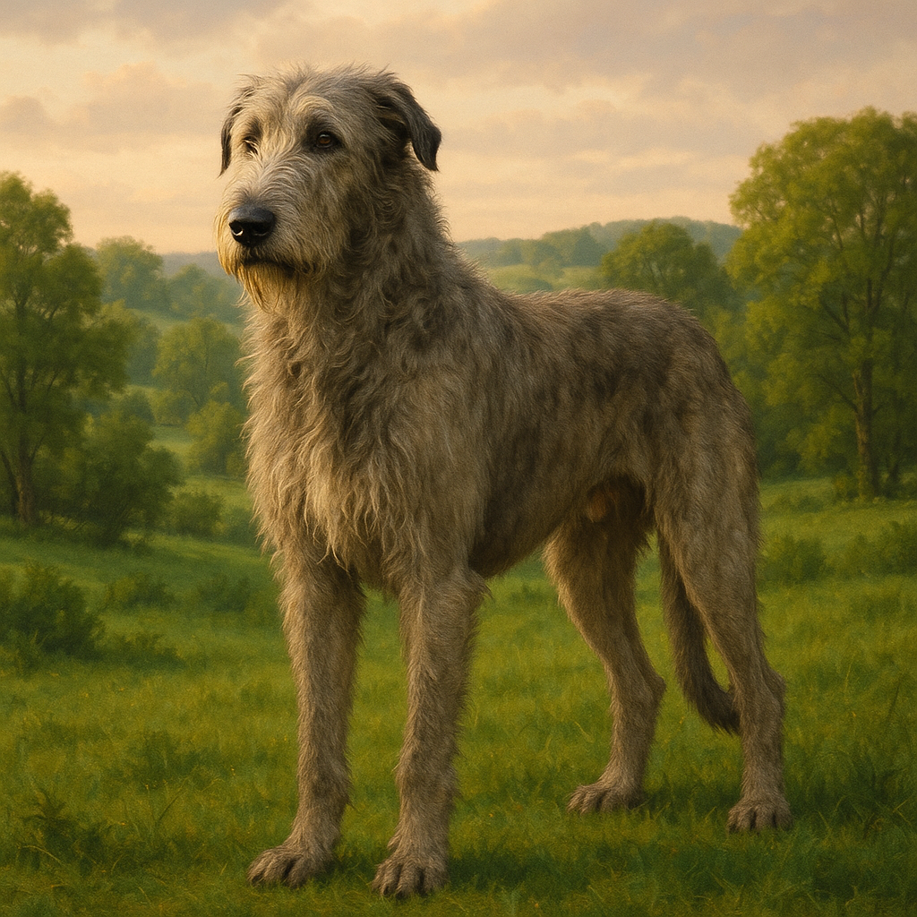 Portrait d’un Irish Wolfhound debout montrant sa taille imposante