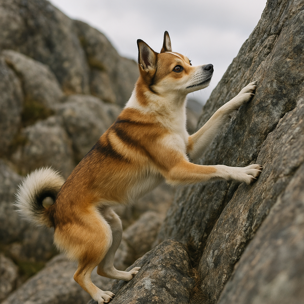 Norwegian Lundehund grimpant sur un rocher escarpé