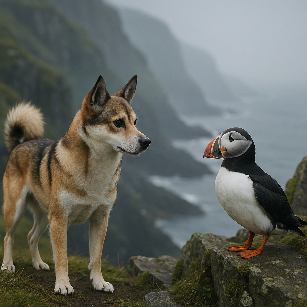Profil du Norwegian Lundehund observant un macareux sur une falaise