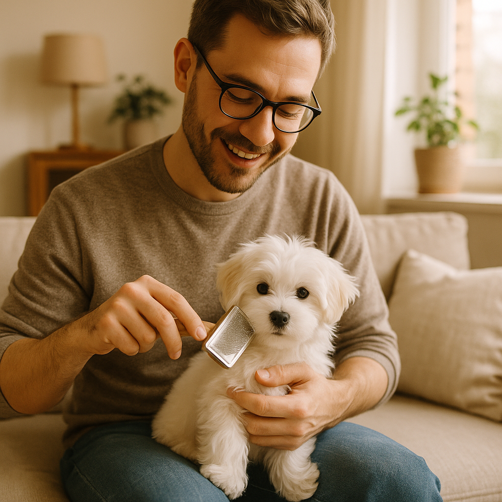 Brossage d'un chiot Maltese dans un salon lumineux
